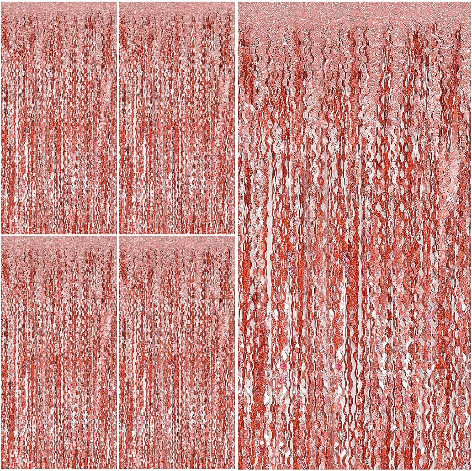 Rose Gold Tinsel Foil Fringe Curtains - Sparkling Wavy Backdrop for Parties & Events