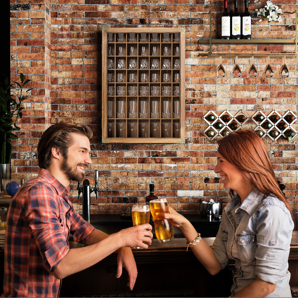 Suuiwau 1 Pcs Shot Glass Display Case, 49 Slots Shot Glass Display Cabinet Holder, Wall Mounted Glasses Collection Shelf Lockable with Acrylic Door for Home Bar Decor