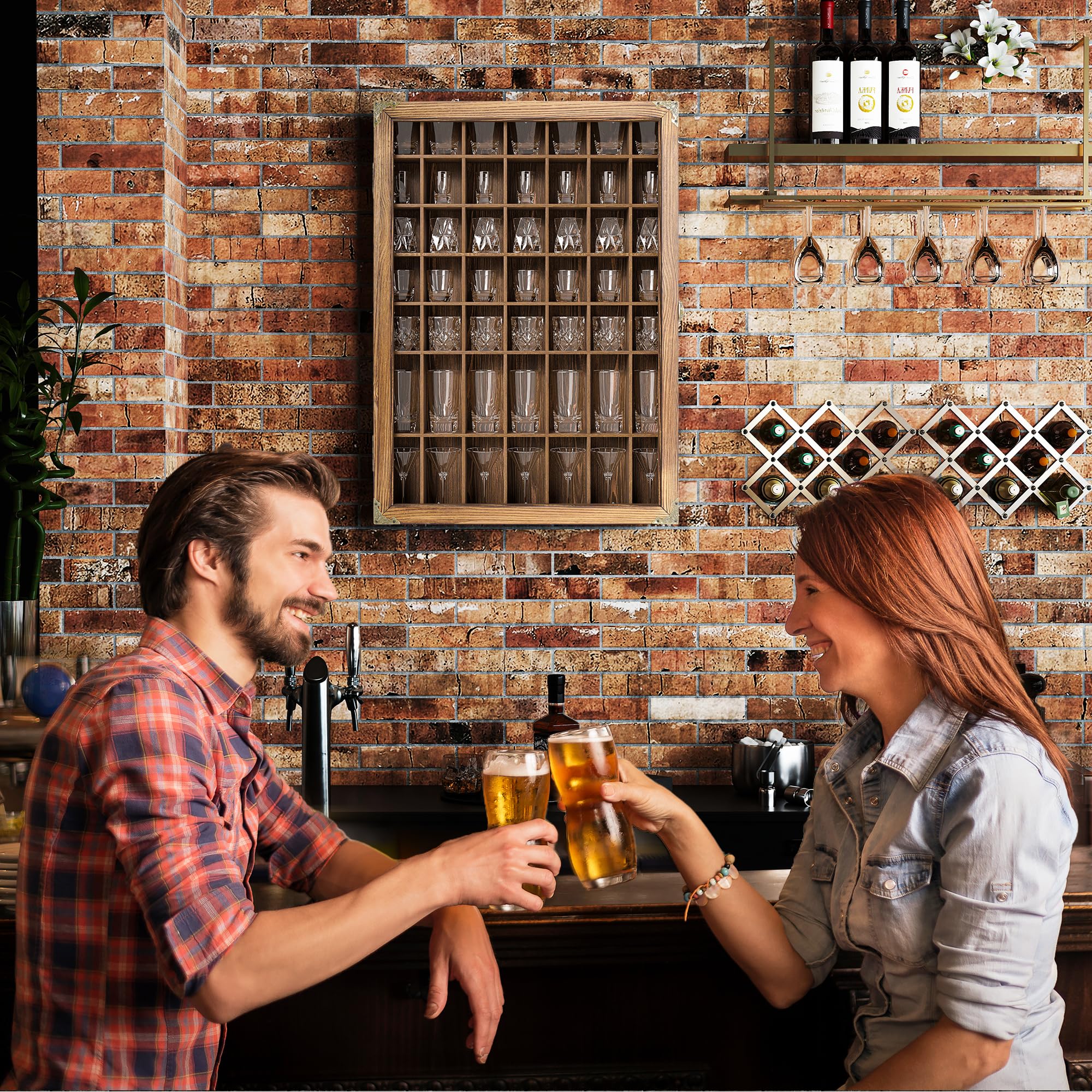 Suuiwau 1 Pcs Shot Glass Display Case, 49 Slots Shot Glass Display Cabinet Holder, Wall Mounted Glasses Collection Shelf Lockable with Acrylic Door for Home Bar Decor