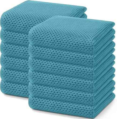 Homaxy 100% Cotton Waffle Weave Dish Towels - Ultra Soft & Absorbent | 13 x 28 Inches, 12-Pack, Lake Blue