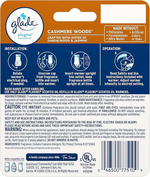 Glade PlugIns Air Freshener Starter Kit - Cashmere Woods Scented Oils | 1 Warmer + 1 Refill, 0.67 Fl Oz