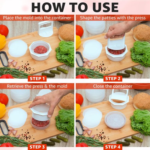 Mission Gallery Hamburger Press Patty Maker - 4 in 1, Burger Mold, Patty Press, 8 Storage Containers, 100 Round Papers - Hamburger Patty Maker Tool for BBQ - Burger Shaper for Meat, Veggie Patties