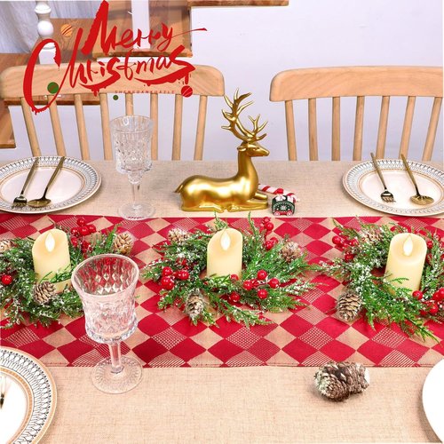 Flocked Mini Christmas Wreath Candle Rings by [Brand Name] - 6 Pack of 9"x3.5" Snowy Cypress Decor with 20 Branches, 21 Red Berries & 3 Pinecones