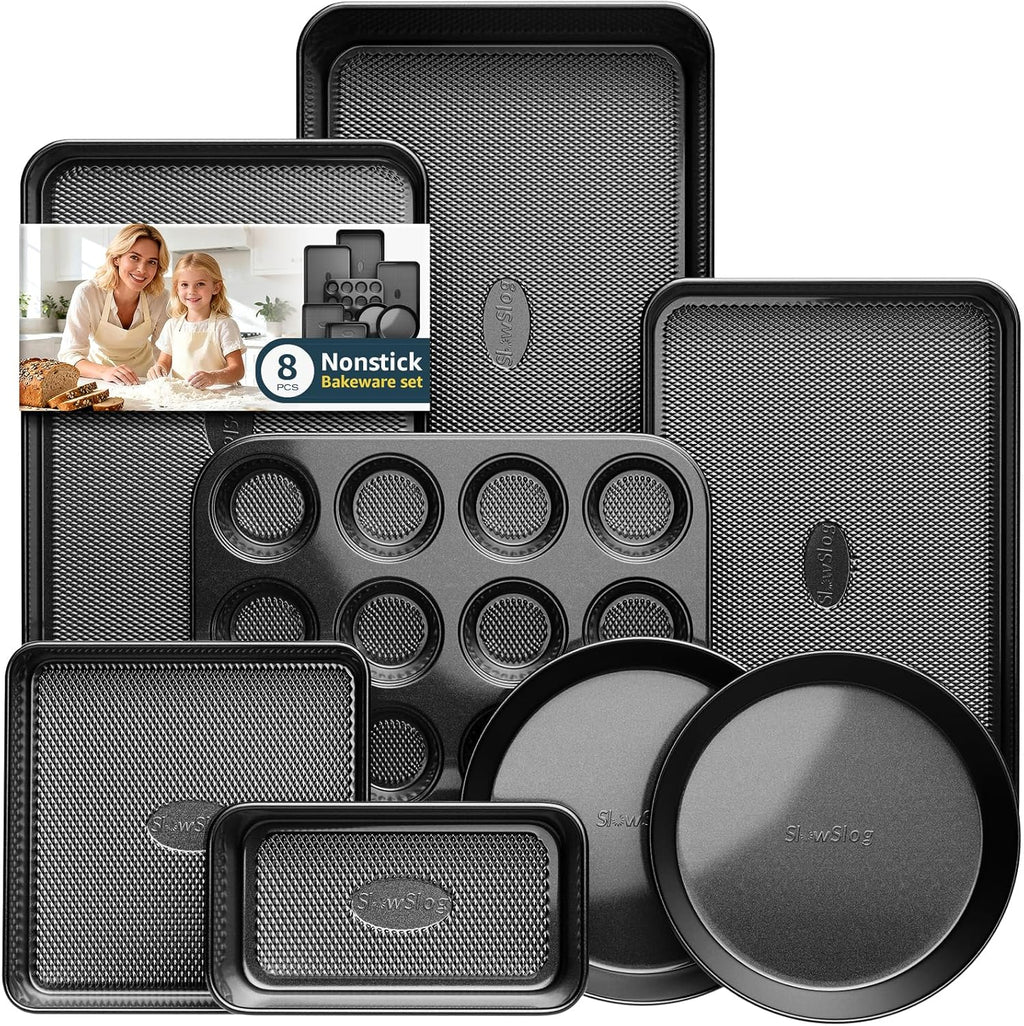 Skiennix Nonstick Baking Pans Set - 8-Piece Stackable Bakeware Set | Non-Toxic Oven Pans in Black