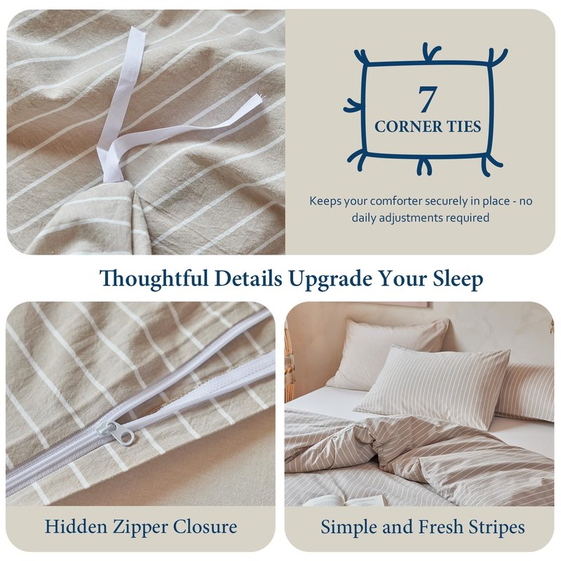 QKTE Striped 100% Washed Cotton Duvet Cover Set King Size 3Pcs(1 Comforter Cover&2 Pillowcases), Natural Cotton Bedding Set Soft Breathable Farmhouse Zipper Closure All Seasons(Khaki-White,King)