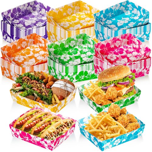 Nitial 48 Pcs Hibiscus Party Paper Food Trays Disposable Luau Party Food Boats Hawaiian Themed Decorations 5 lb Hawaiian Tray for Hibiscus Tropical Theme Supplies
