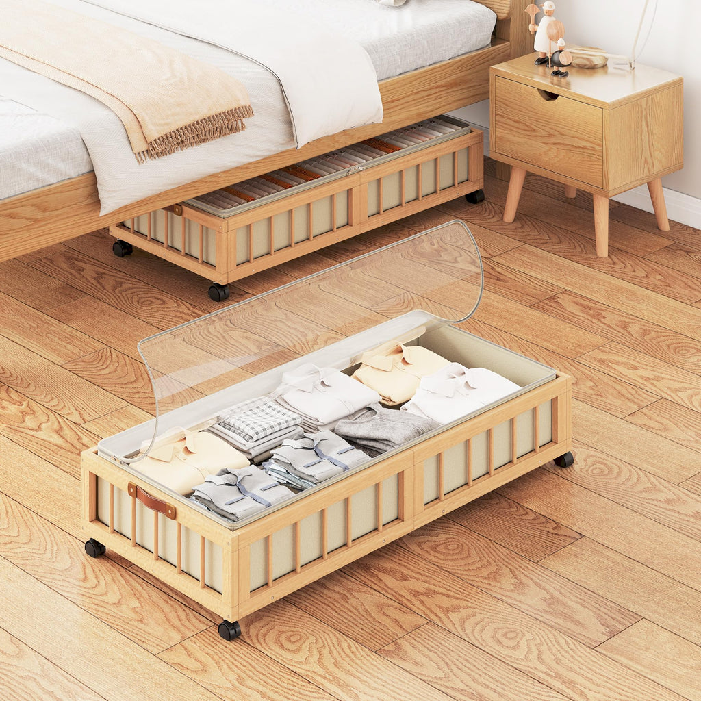 efluky 2-Pack Bamboo Under Bed Storage with Wheels, Rolling UnderBed Storage Basket with Large Dust Bag, Under Bed Storage Containers for Bedroom, Dorm and Basement, Nature