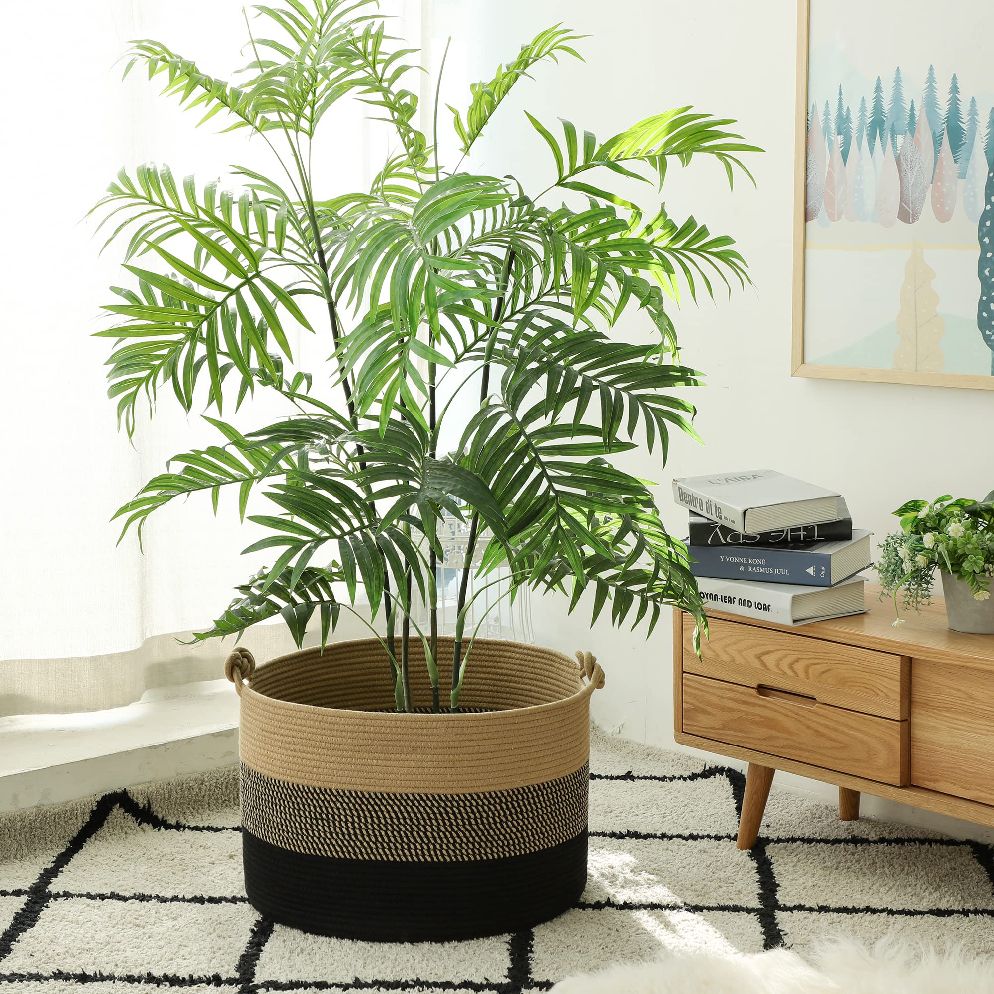 KAKAMAY Large Blanket Basket,Woven Rope Baskets for storage Baby Laundry Hamper, Cotton Rope Blanket Basket for Living Room, Laundry, Nursery, Pillows,Baby Toy chest (Jute/Black)