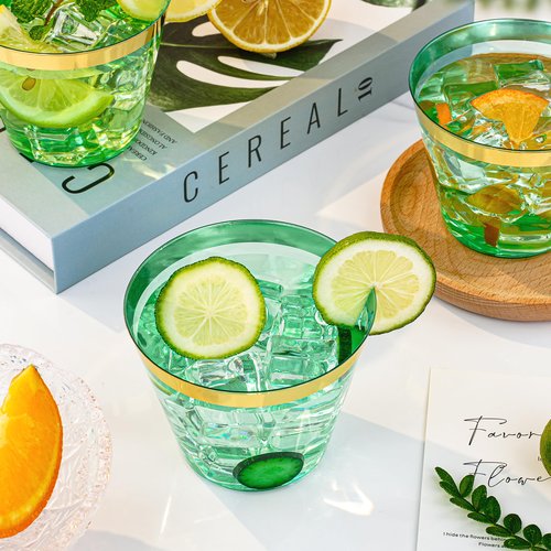 Bestluck 100 Pack 9 oz Green Plastic Cups, Clear Disposable Cups with Gold Rim, Plastic Cocktail Glasses for Party & Graduation & Wedding