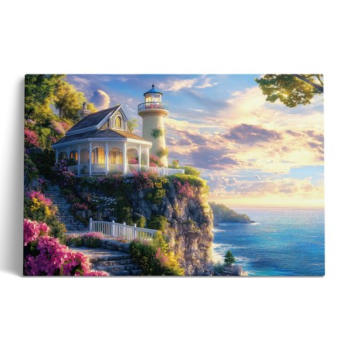 Thomas Kinkade Inspired Landscape Wall Art Classic American Countrystyle Framed Canvas Painting Artwork for Home Bedroom Office Decor Ready to Hang (Seaside Garden Villa, 30x24, Wrapped Canvas)