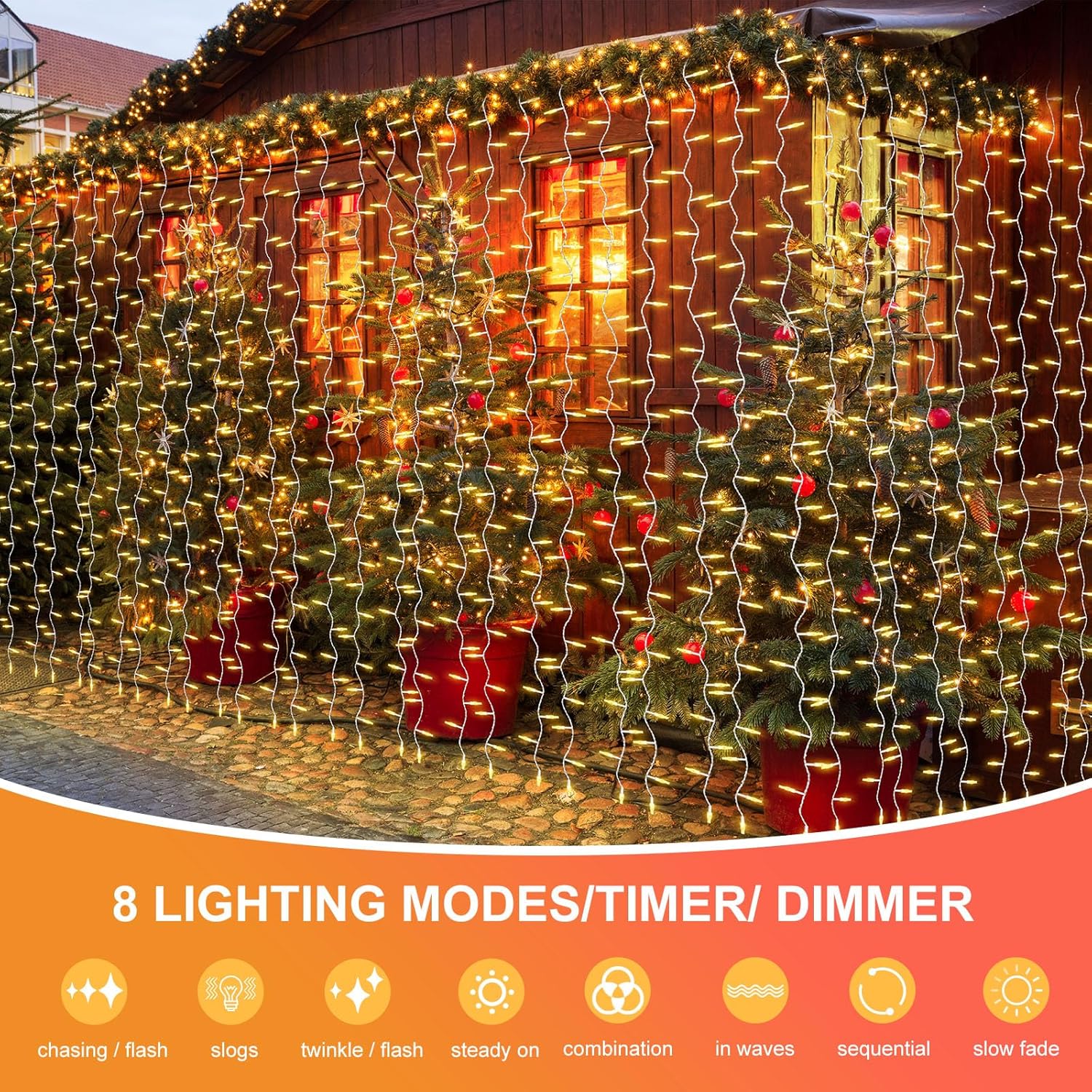 THKFUL Fairy Curtain Lights - 20 x 6.6FT 408LED Warm White String Lights | Waterproof & Remote-Controlled for Bedroom, Balcony, Garden