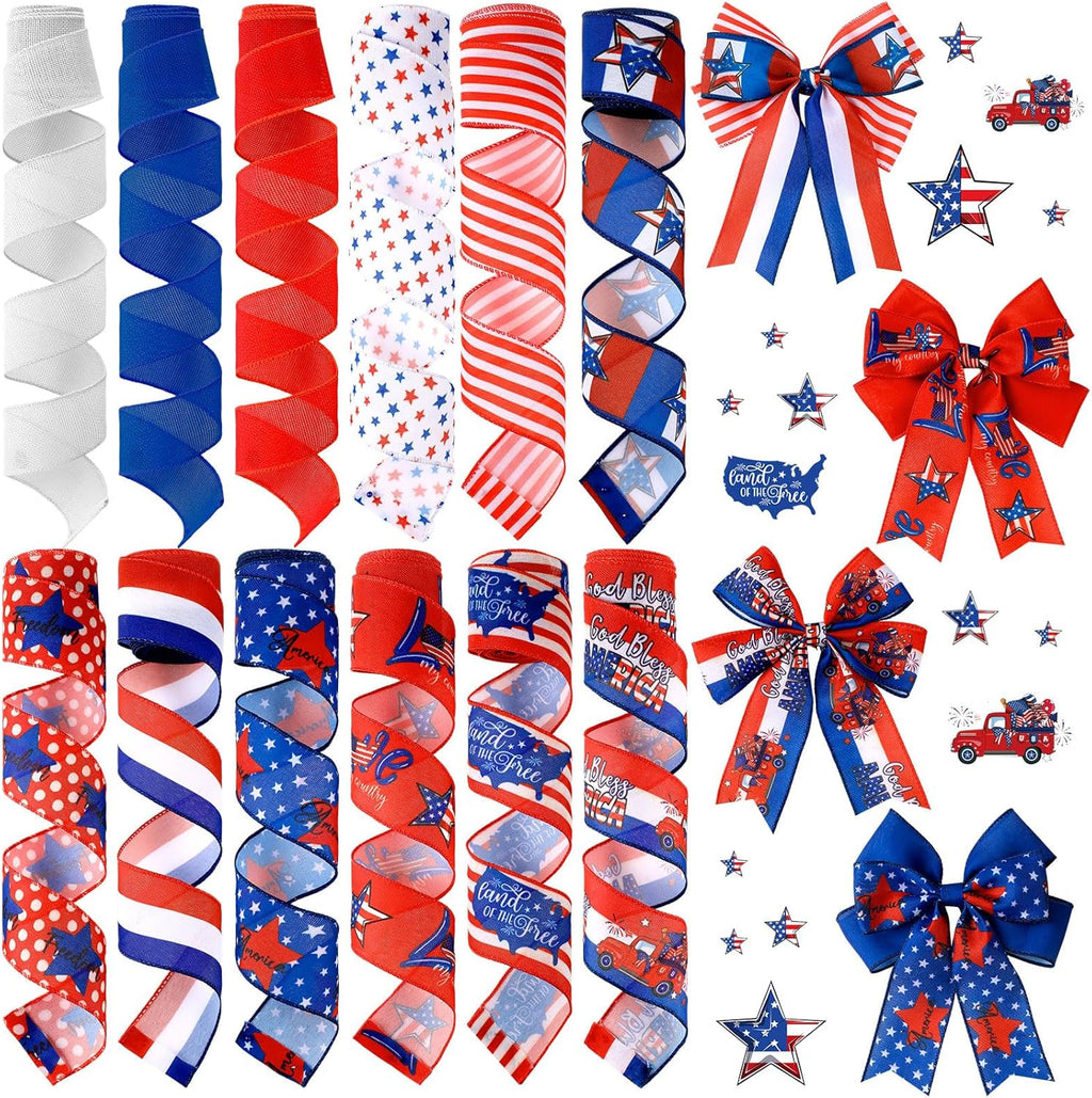 Skiennix Memorial Day Ribbon - 12 Rolls of 60 Yards Stars and Stripes Burlap Wired Edge | Patriotic Crafting