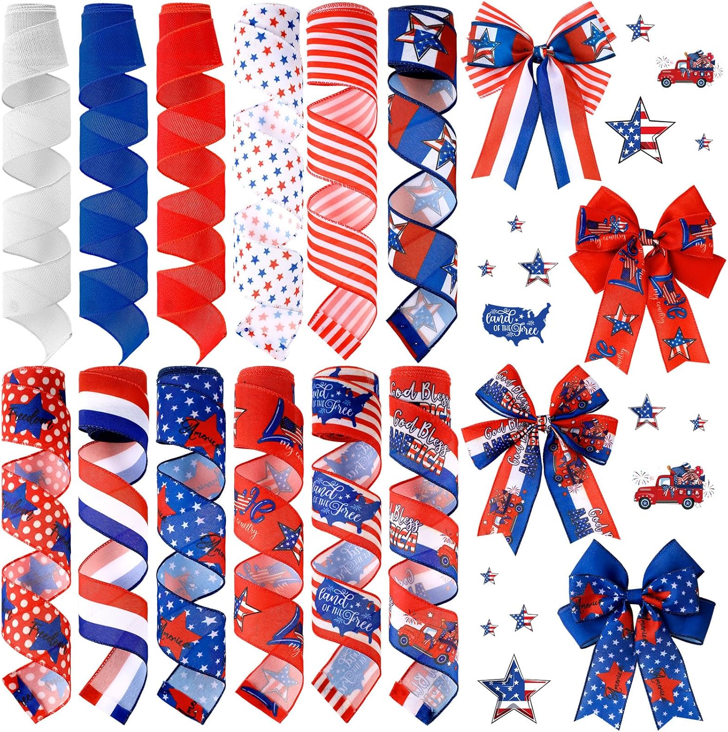 Skiennix Memorial Day Ribbon - 12 Rolls of 60 Yards Stars and Stripes Burlap Wired Edge | Patriotic Crafting