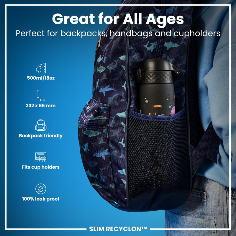 Ion8 Water Bottle, 500 ml/18 oz, Leak Proof, Easy to Open, Secure Lock, Dishwasher Safe, BPA Free, Hygienic Flip Cover, Carry Handle, Easy Clean, Odor Free, Carbon Neutral, Black, Spaceships Design