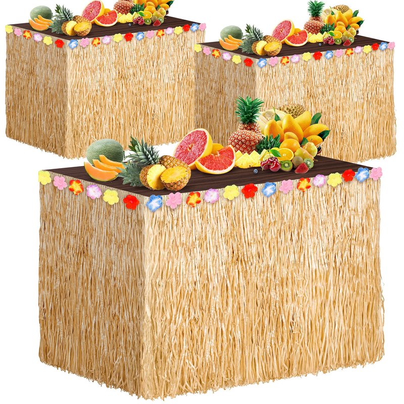 3 Packs Hawaiian Luau Grass Table Skirt 108 x 30 Inch Tropical Hibiscus Luau Party Decorations Brown Hawaiian Table Skirts for Moana Themed Events, Birthday