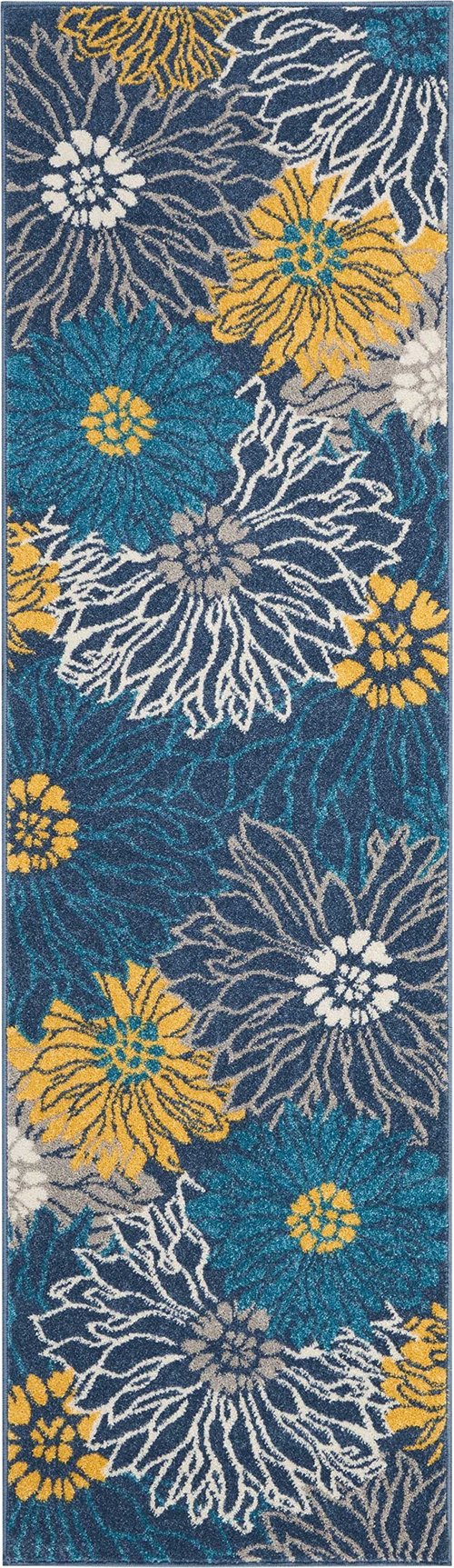 Nourison Passion Blue 2'2'' x 7'6'' Area-Rug, Floral, Farmhouse, Easy-Cleaning, Non Shedding, Bed Room, Living Room, Dining Room, Kitchen, (8' Runner)