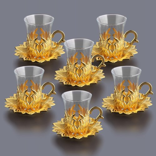 Alisveristime Turkish Tea Set for Six, Zamac Holders with Glass Cups, and Zamac Saucers - 6-Piece Elegant Serving Set (Ahsen) (Gold)