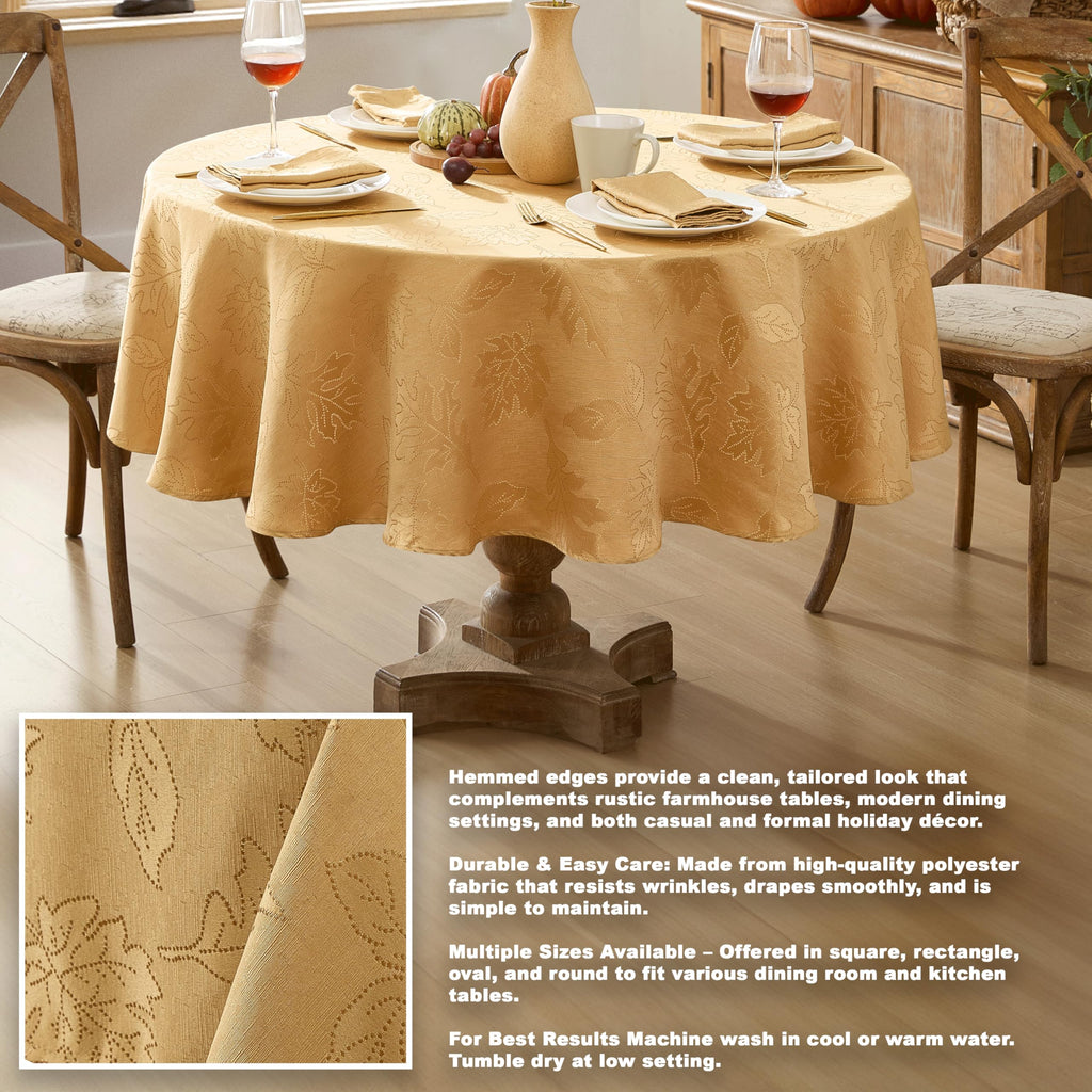 Newbridge Gold Fancy Leaves Damask Fabric Holiday Tablecloth, 70 Inch Round, Elegant Swirling Leaf Pattern, No Iron Soil Resistant Dining Room Party Table Cover