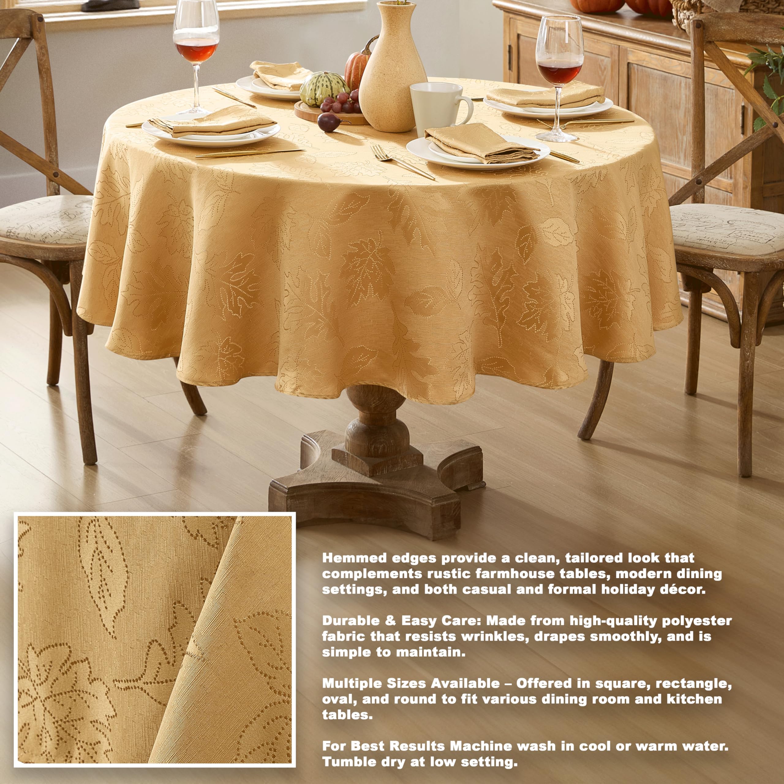 Newbridge Gold Fancy Leaves Damask Fabric Holiday Tablecloth, 70 Inch Round, Elegant Swirling Leaf Pattern, No Iron Soil Resistant Dining Room Party Table Cover