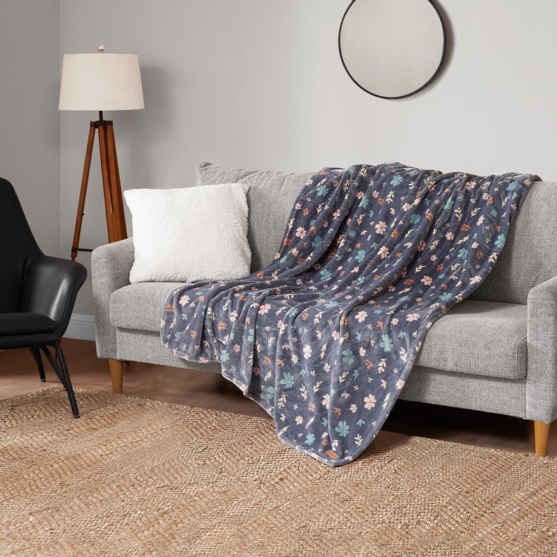 Lucky Brand Luxurious Fuzzy Blanket for Sofa or Bed, Tossed Blooms Plush Throw Blanket, 50" x 70", Gray Floral