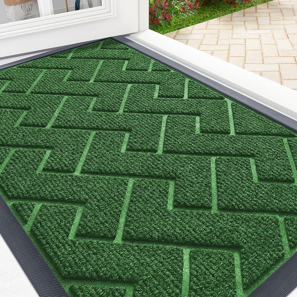OLANLY Indoor Outdoor Front Door Mat - Waterproof All-Season Herringbone Design | Easy Clean, 35x23 Green