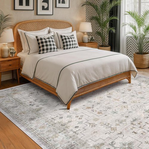 Hazo Haus Boho Light Grey Area Rug - Modern Vintage Floral Design | 8x10 Washable Non-Slip for Living Room