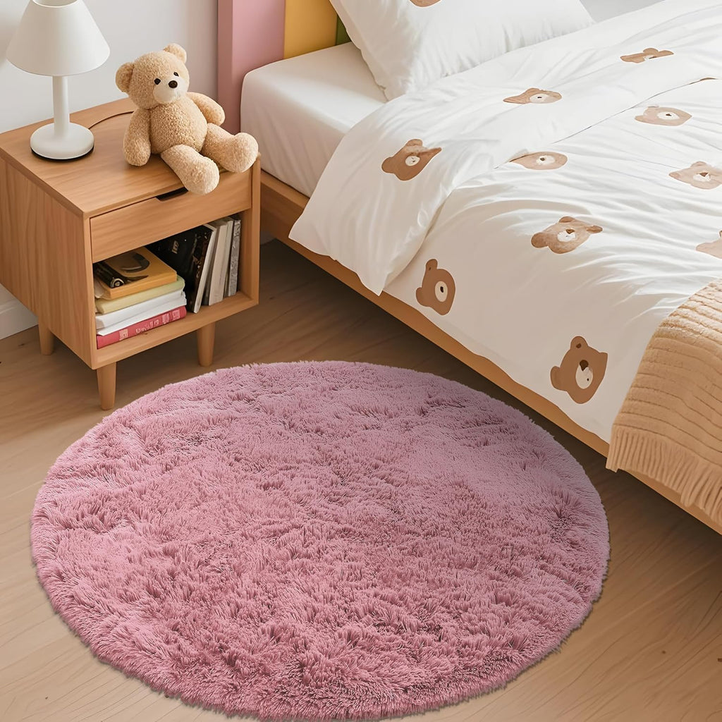 OLANLY Round Area Rug - Soft & Fluffy Pale Pink Shag Carpet, 3 ft Circle for Bedroom & Nursery Decor