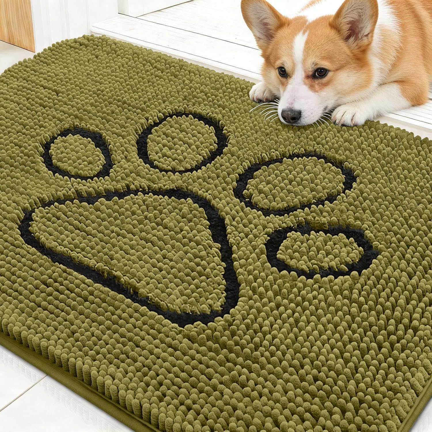 OLANLY Dog Door Mat - Absorbent Muddy Paws Doormat | Non-Slip Chenille 30x20, Willow Green