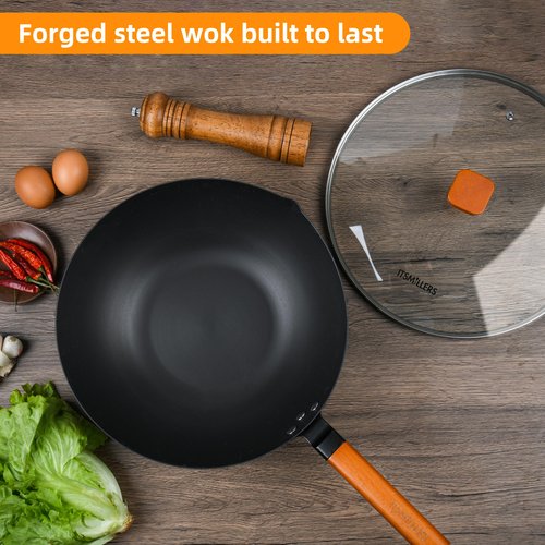ITSMILLERS 12.5-Inch Carbon Steel Wok with Lid – Pre-Seasoned Flat Bottom Stir-Fry Pan, Nonstick Wok for Induction, Gas, Electric & All Stovetops – Chinese Wok with Glass Lid