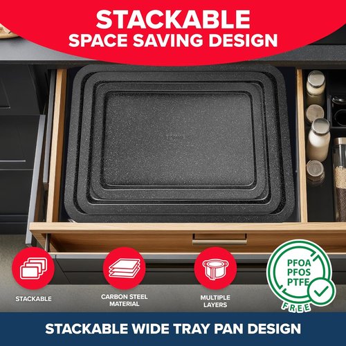 BAKKEN 3-Piece Nonstick Baking Pan Set - Stackable Cookie Trays, Oven Safe Up to 450°F, Gray Marble