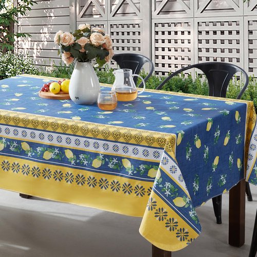 Home Bargains Plus Spring French Country Lemon Grove Vinyl Tablecloth with Flannel Backing, 52 x 70 Inch Rectangle, Blue and Yellow Citrus Lemon Print, Easy Care Wipe Clean Indoor Outdoor Table Cover