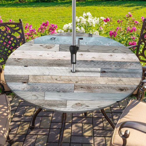 Kamoor Round Outdoor Tablecloth with Umbrella Hole and Zipper Wood Texture Elastic Table Cover Waterproof Outdoor Table Cloth for Patio Picnic Camping Fits 44-48" Diameter Round Tables
