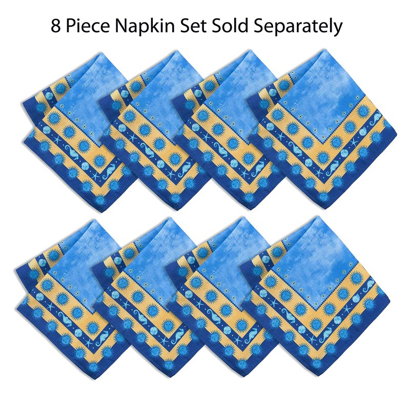 Home Bargains Plus 60 x 84 Inch Oval Blue Sun Mediterranean Fabric Tablecloth, Coastal Medallion Border Design, Wrinkle Water and Stain Resistant Indoor Outdoor Table Cover