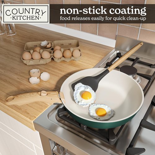 Country Kitchen Cookware Set - Removable Handle, Oven & RV Safe Pots and Pans, Sage Wood Handle