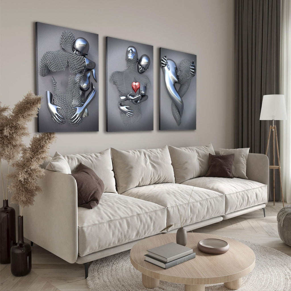 Framed Wall Art for Bedroom 3D Metal Effect Love Heart Couple Wall Art Decor for Living Room 3 Pieces Modern Abstract Grey Black and White Canvas Prints Poster Pictures Paintings for Wall Decorations