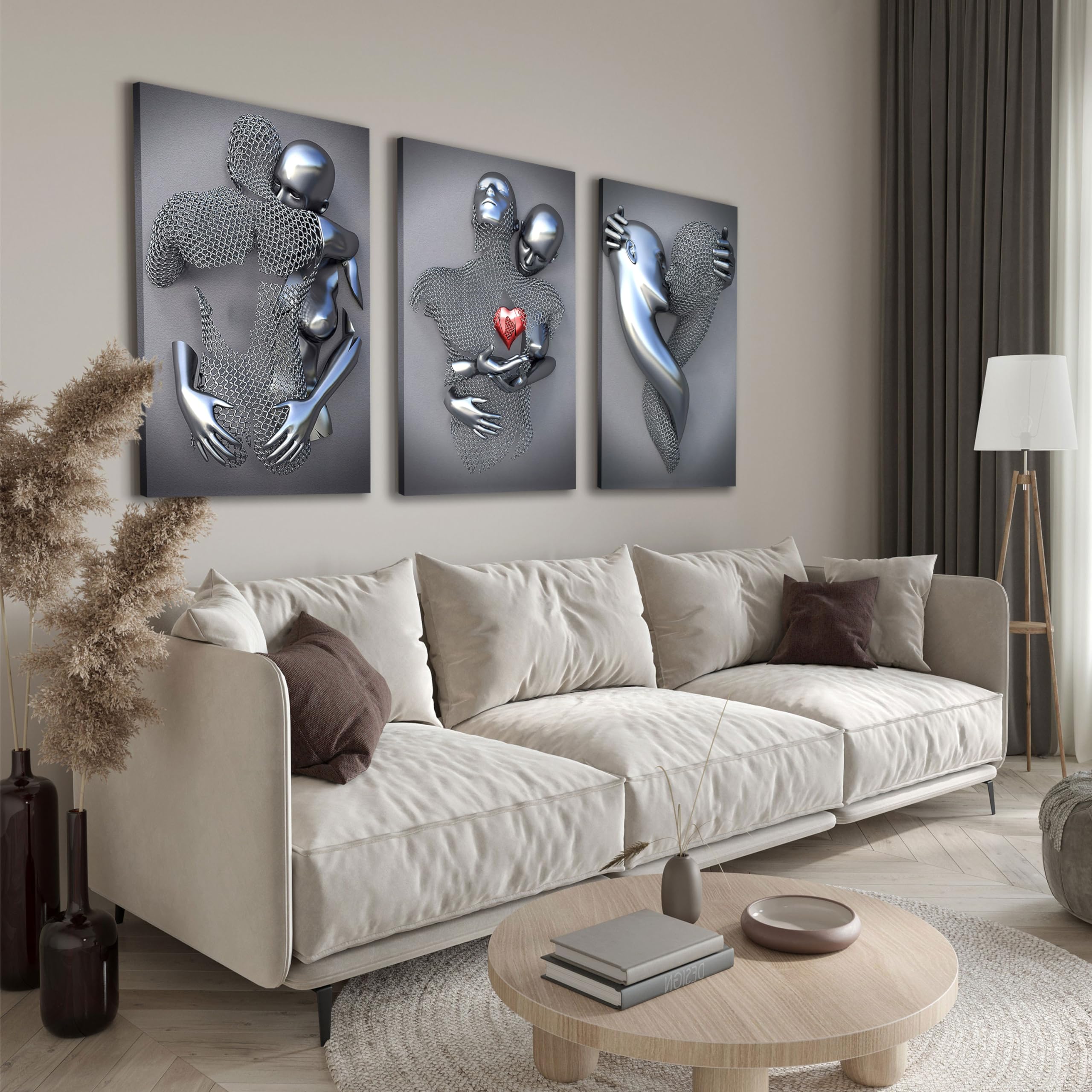 Framed Wall Art for Bedroom 3D Metal Effect Love Heart Couple Wall Art Decor for Living Room 3 Pieces Modern Abstract Grey Black and White Canvas Prints Poster Pictures Paintings for Wall Decorations