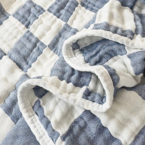 Ultra Soft Cozy 6-Layer Checkered Muslin Blankets for Adults 100% Cotton King Size 90"x104" Bed Blanket Breathable Lightweight Suitable for All Seasons Both Sides Blue