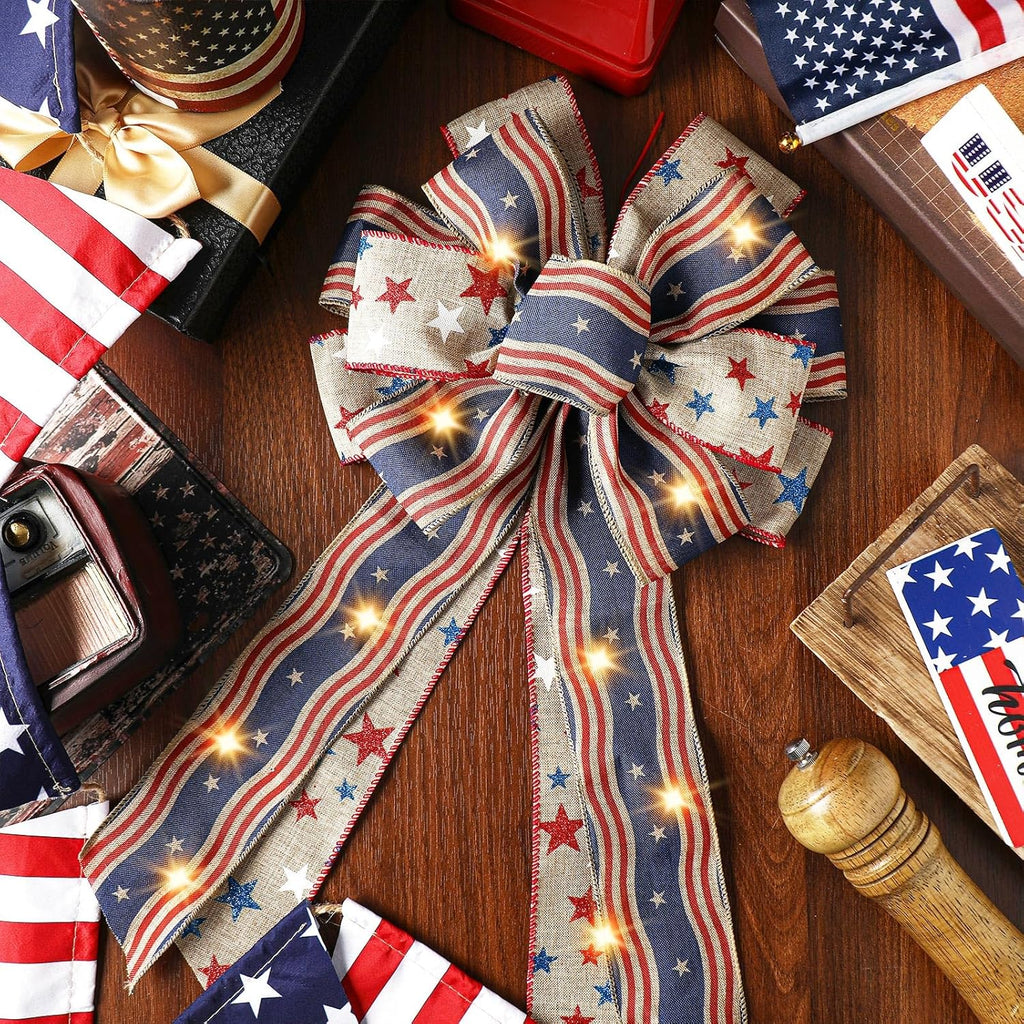 Skiennix Patriotic Lighted Wreath Bow - Large Red, White & Blue 4th of July Decor | Indoor/Outdoor
