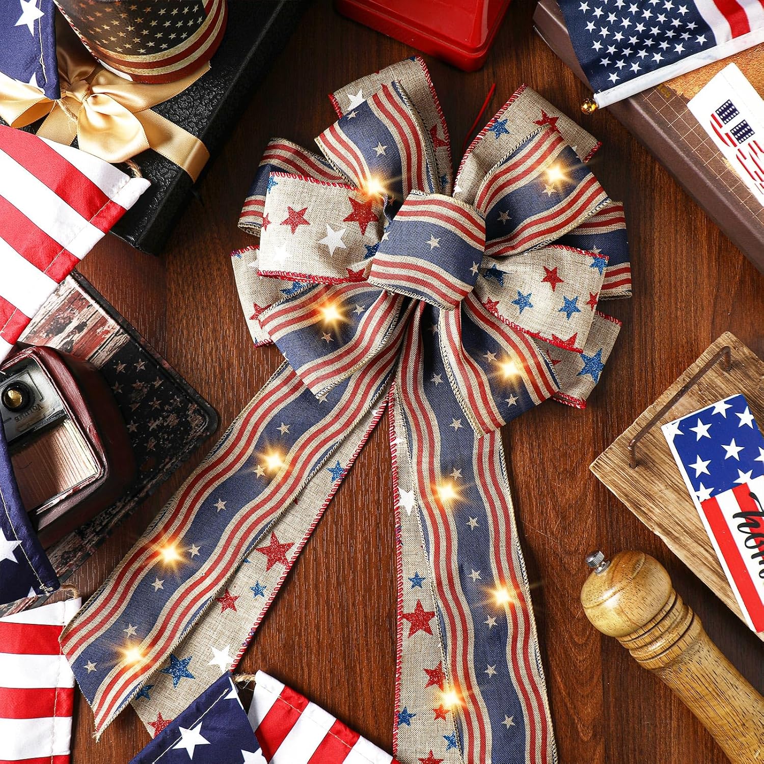 Skiennix Patriotic Lighted Wreath Bow - Large Red, White & Blue 4th of July Decor | Indoor/Outdoor