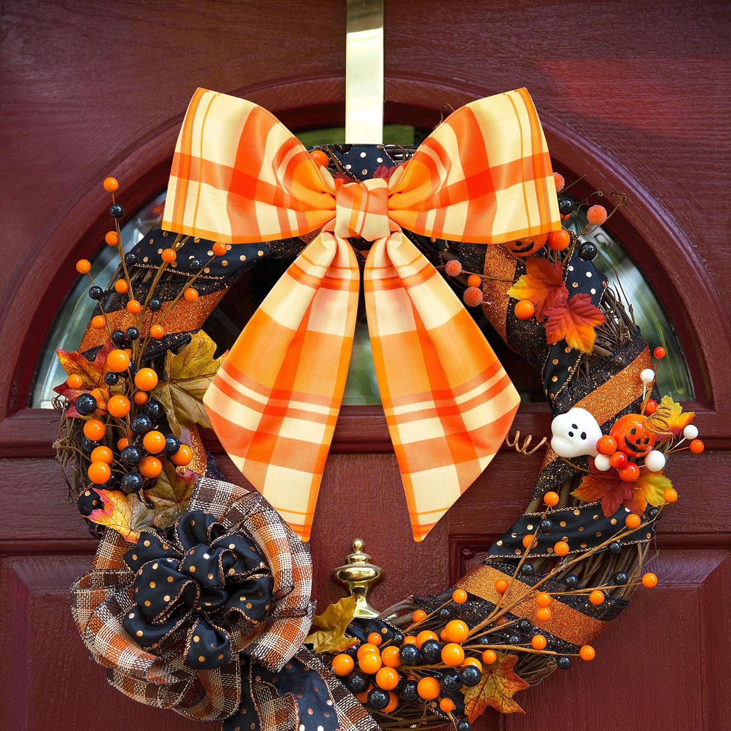 WATINC Wreath Sash - Autumn Orange 2-Piece Buffalo Check DIY Bow for Front Door Decor | Thanksgiving Satin Sash (56'' x 4.5'')