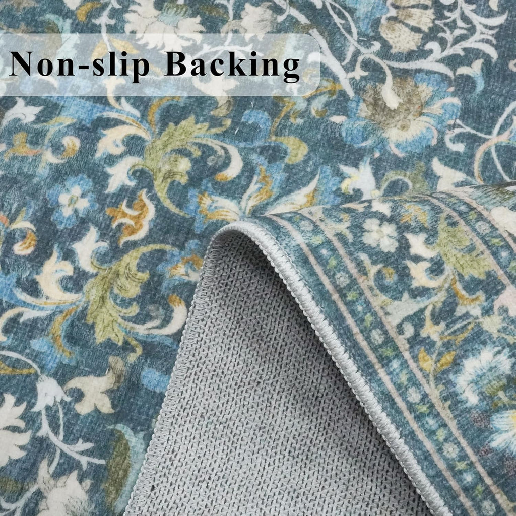 Skiennix Vintage Washable Entryway Area Rug - Soft Non-Slip Kitchen Runner | 3x6 Floral Blue Design