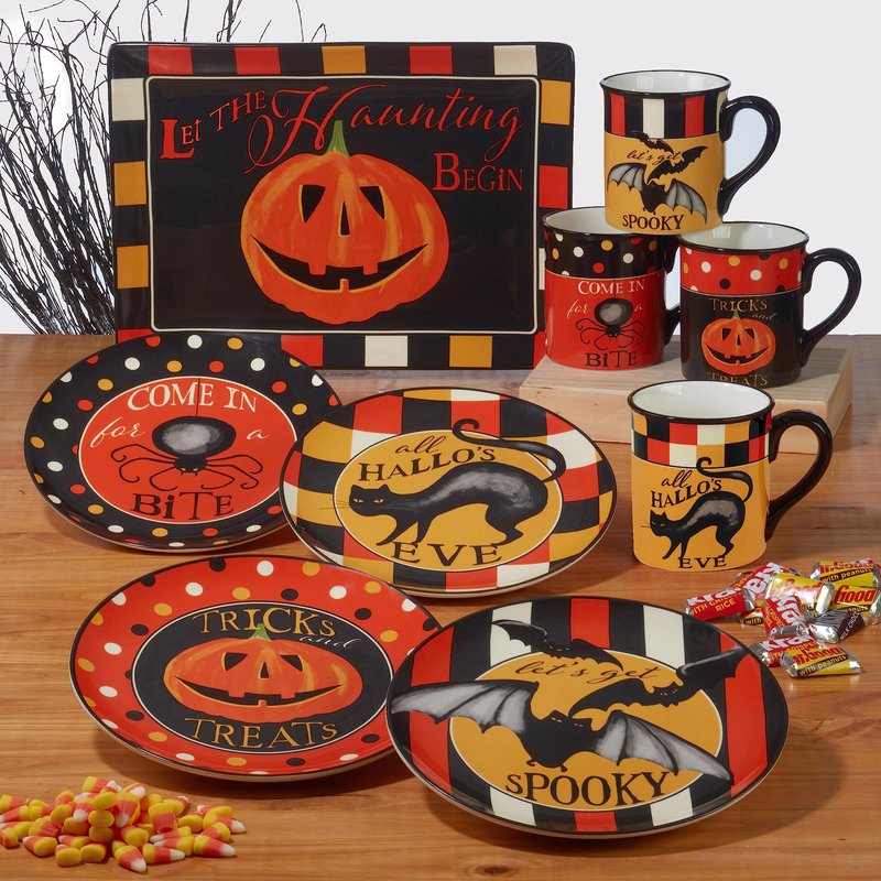 Spooky Halloween Rectangular Platter – 14" x 10" Ceramic Jack-O'-Lantern Tray with 'Let the Haunting Begin' Message – Halloween Party Serveware for Treats, Appetizers & Festive Displays