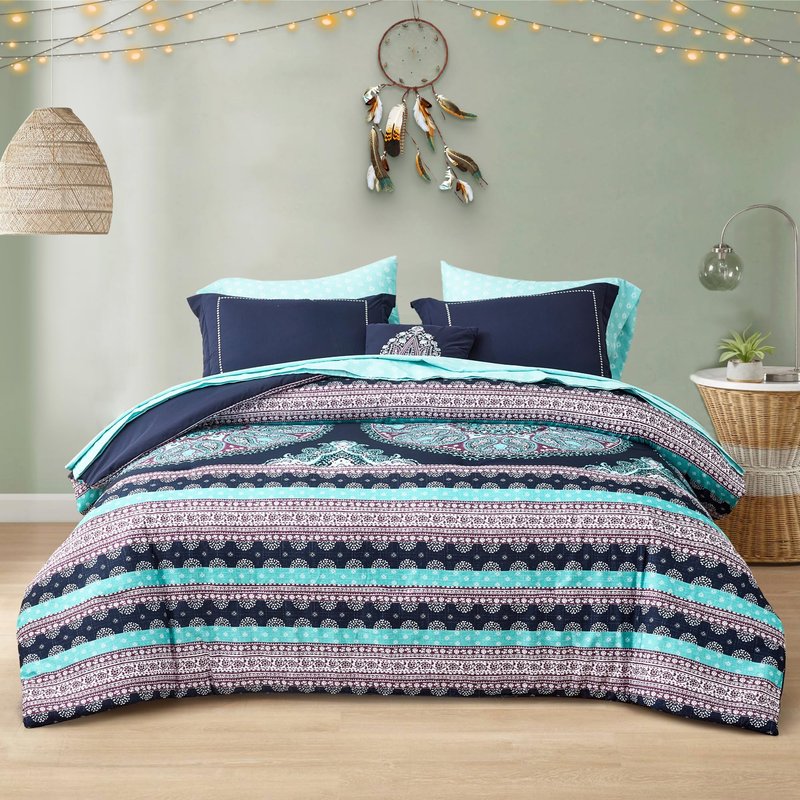 Degrees of Comfort Teen Twin Complete Comforter Sets for Girls, Boho Medallion Tween Bed in A Bag 6 Piece, Blue Microfiber Bedding Set with Sheets, Matching Decorative Pillow