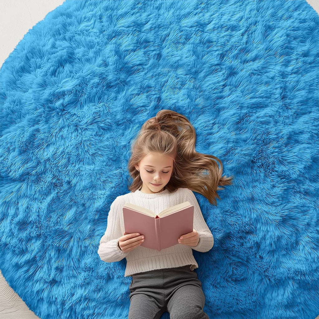 OLANLY Bright Blue Round Rug - Soft, Fluffy, Machine Washable 6 ft Circle Area Rug for Bedroom & Living Room Decor