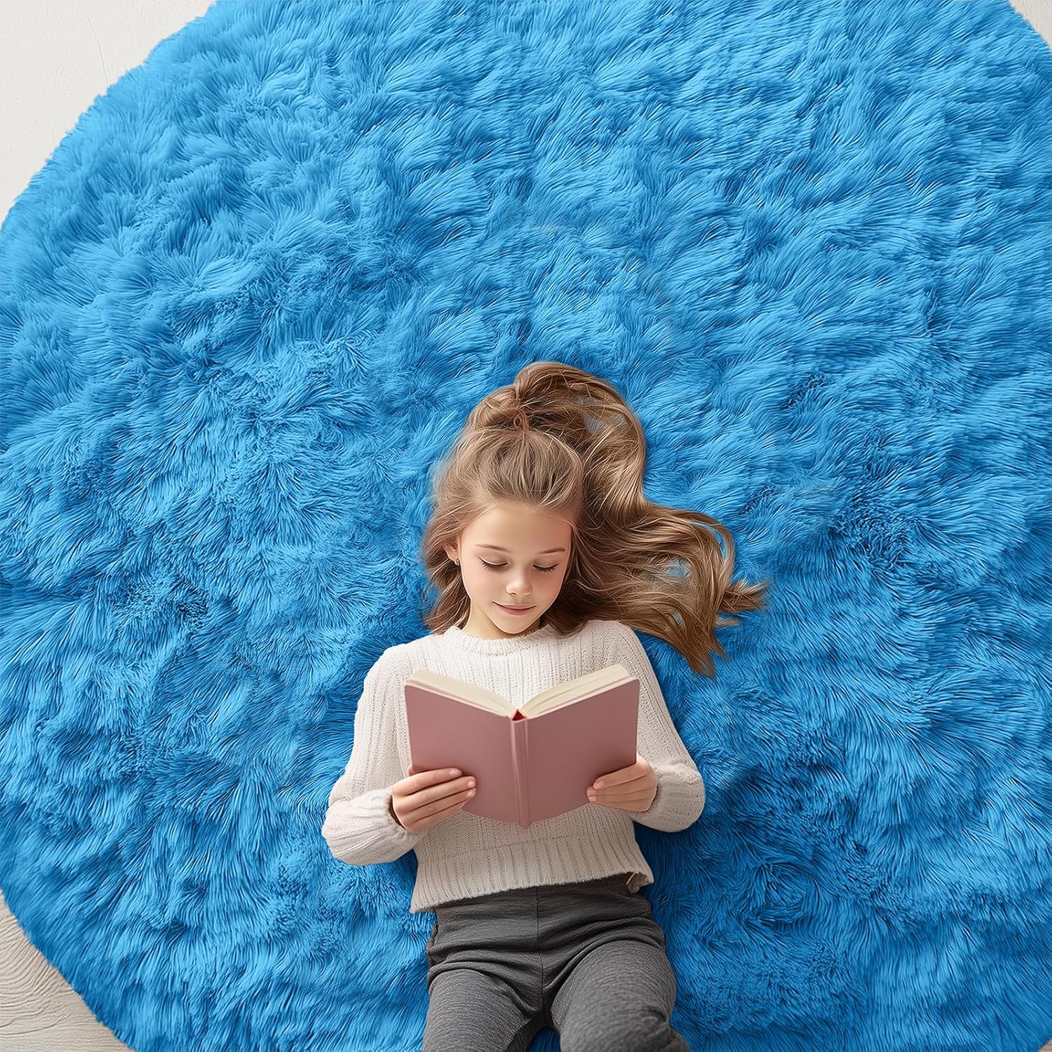 OLANLY Bright Blue Round Rug - Soft, Fluffy, Machine Washable 6 ft Circle Area Rug for Bedroom & Living Room Decor