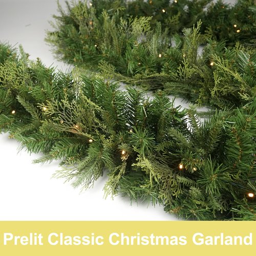 Christmas Garland with 50 Lights 9 Ft, Prelit Xnas Garland with Cypress Leaf, Battery Operated Christmas Decor for Mantle Staircase Indoor and Outdoor (Tips-A-Plug-in)
