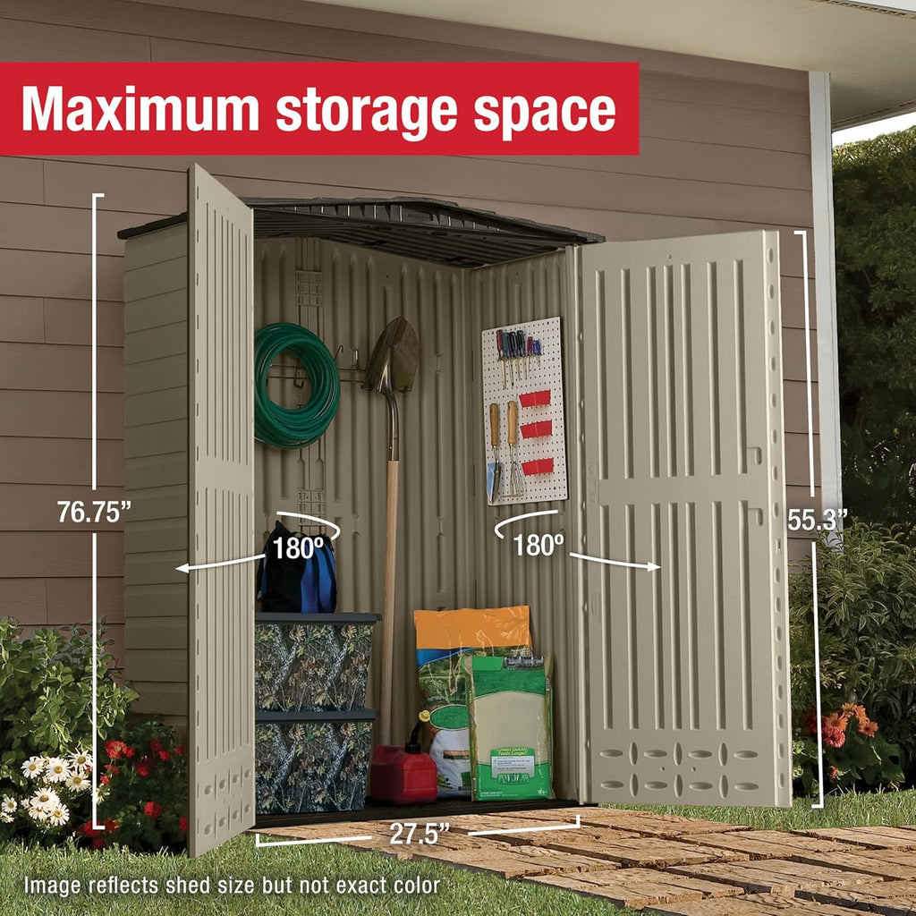 Rubbermaid Small Vertical Resin Outdoor Storage Shed - Weather Resistant Beige/Brown | 2.3 x 4.6 Ft for Garden Tools & Patio Cushions