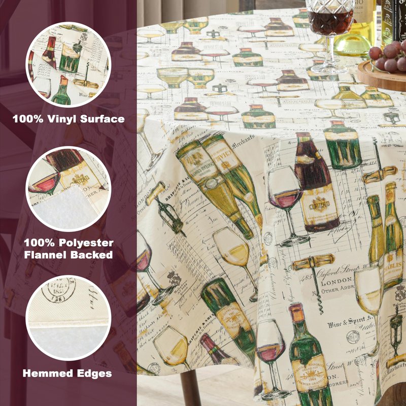 Newbridge Wine Tasting Vinyl Flannel Backed Tablecloth, French Wine Bottles and London Spirits Print, Easy Care Wipe Clean Indoor Outdoor Table Cover, 70 Inch Round