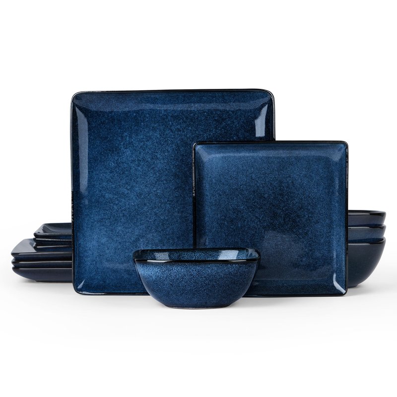 E-far Square Plates and Bowls Sets, 12-Piece Stoneware Dinnerware Sets for 4, Reactive Glaze Dish Set, Chip and Scratch Resistant, Microwave and Dishwasher Safe, Ocean Blue