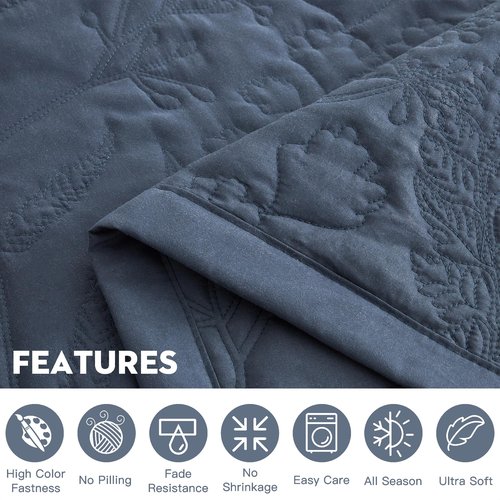HZ & HY Botanical Oversized King Bedspread 128x120 Extra Wide, Leaves Pattern Stitching Quilt Set, Elegant & Fresh Style Bedding Cover, Reversible, Lightweight 5 Piece Set, Navy